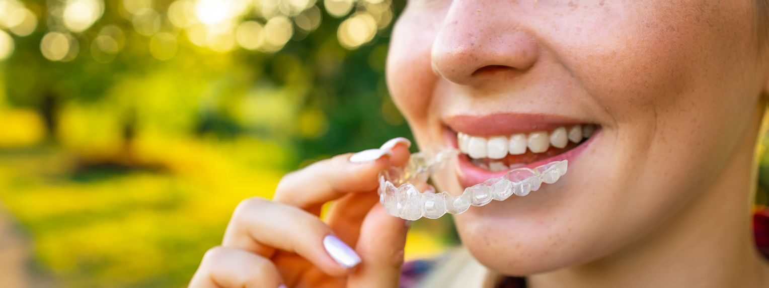 Woman using clear aligners in Castle Pines, CO
